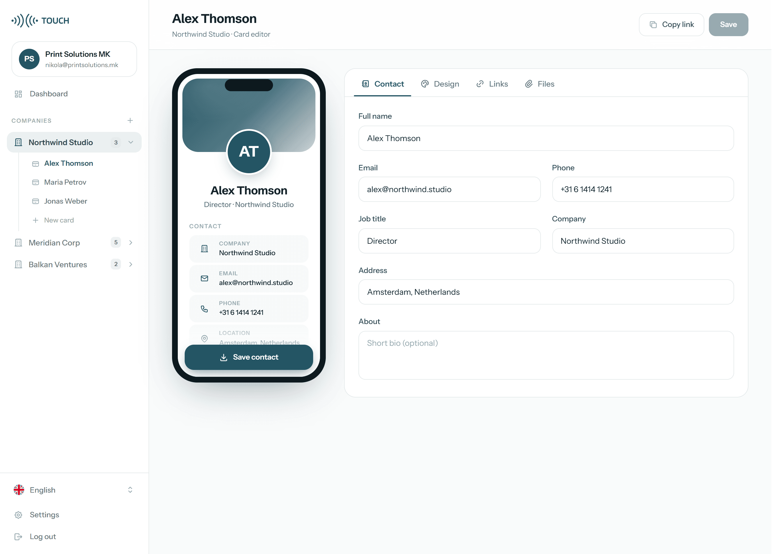 Touch NFC card editor dashboard preview